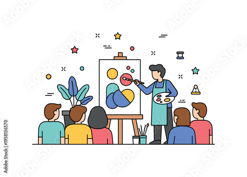 Art festival painting scene showing a painter creating a colorful artwork on a canvas while an audience observes the process. The composition celebrates