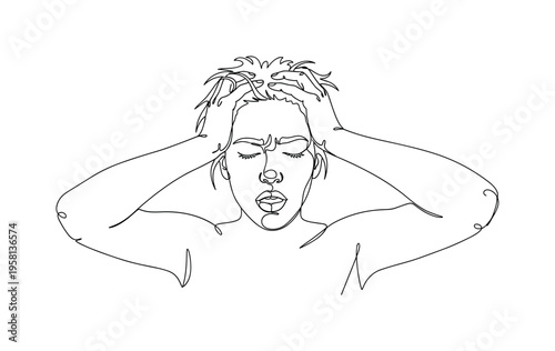 Internal Cry. Minimalistic one-line drawing person holding head with hands, mouth open subtly depicting silent scream or inner anguish, continuous single black