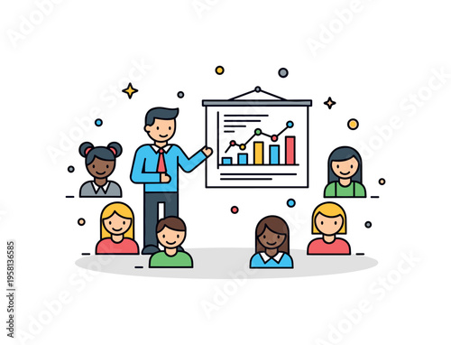 Project planning meeting illustrated with a manager icon presenting a timeline chart to several team member icons gathered nearby. The composition expresses