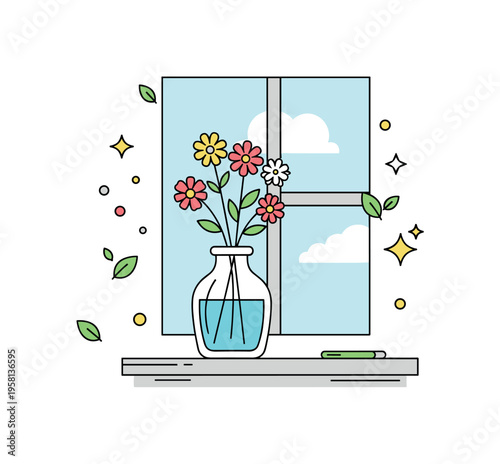 Floral vase simple glass vase with blooming flowers placed on a window sill symbolizing tranquility, aesthetic pleasure and connection with nature. Decorative