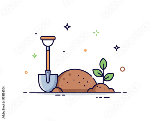 Fresh dirt mound landscaping a tidy mound of soil beside a shovel and small plant ready for planting symbolizing garden preparation and outdoor improvement.