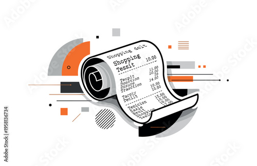 rolled up shopping receipt abstract semicircles lines and geometric blocks symbolizing record keeping black and white retro receipt object with white outline