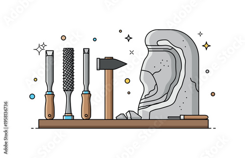 Artisan sculpture workspace a compact arrangement of chisels, rasp, and hammer lying on a simple bench next to a partially carved stone form, reflecting the