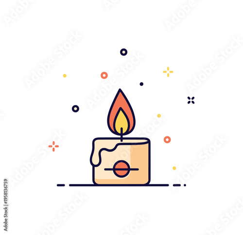 Warm candle flame flickering on a short candle with tiny sparks rising and subtle decorative dots around, evoking cozy home ambiance and gentle evening light.