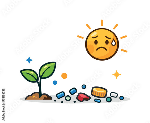 Microplastic contamination fear future outlook illustrated by a small plant growing beside scattered particles under a cautious sun, expressing concern mixed