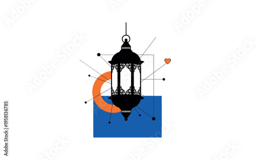 Black and white lantern hanging in space with intricate silhouette, bold blue block grounding the lower composition, orange circular accent near the lantern