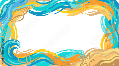 A vibrant, abstract border design featuring stylized ocean waves, seashells, and starfish on a sandy beach.