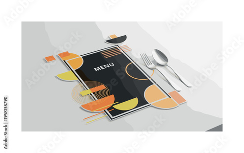 menu card on table with fork and spoon abstract circles semicircles lines and geometric blocks representing dining experience black and white retro menu object