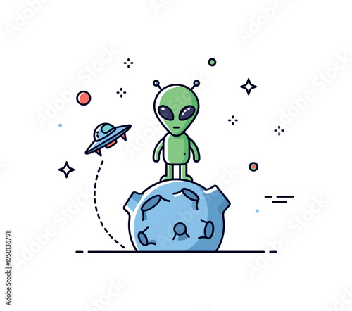 Alien world discovery a curious alien standing on a small cratered planet while a tiny spaceship hovers nearby, symbolizing exploration and the possibility of