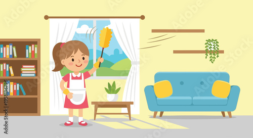 Woman Cleaning House with Feather Duster.