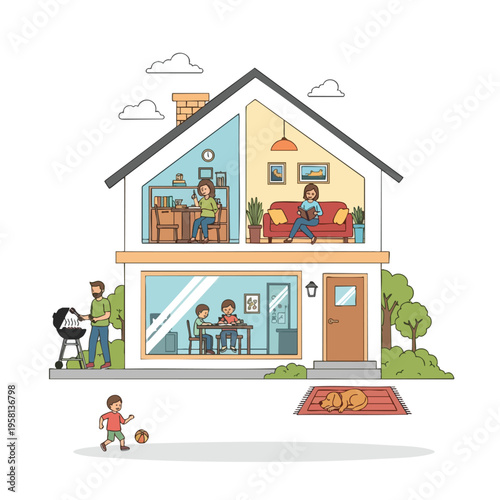 A multi-story house with family activities inside and out, including cooking, studying, and playing