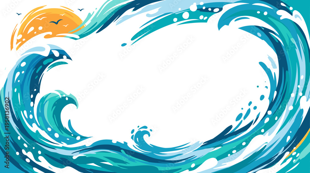 Fototapeta premium Vibrant abstract illustration of crashing ocean waves under a bright sun, evoking a sense of dynamic movement and natural beauty.