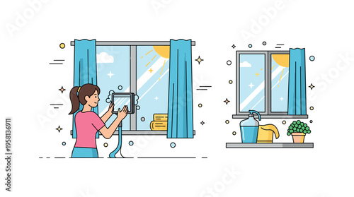 Washing windows and letting sunlight in during spring cleaning, showing gleaming glass, clean surfaces, and a fresh atmosphere. Minimalist flat
