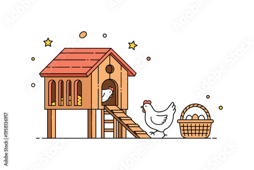 Chicken coop morning routine small wooden hen house with a ladder ramp and a hen stepping outside while a basket waits nearby for collected eggs. Cheerful