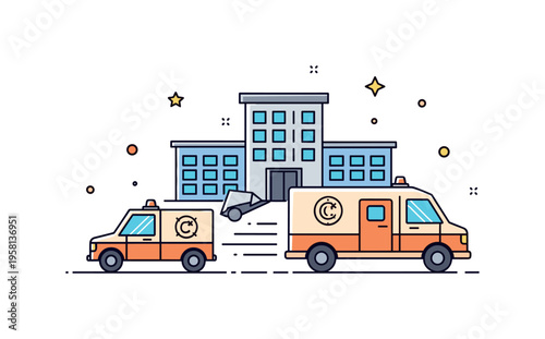 Correctional custody vehicle departing from a prison building icon while the transport van drives forward with subtle motion lines. The scene represents