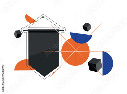 surreal DIY fabric decor collage with a black and white fabric banner hanging from a rod, cut-out effect with white contour outline, bold burnt orange circle