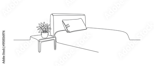 Minimalist Bedroom Calm. Minimalistic one-line drawing simple bed with pillow and small bedside plant creating a peaceful bedroom environment, continuous