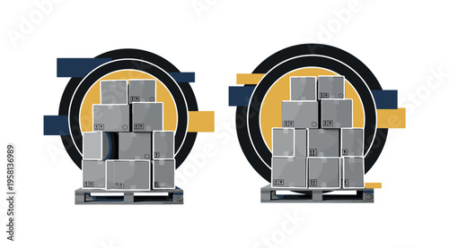 black and white stacked shipping boxes arranged on a pallet, realistic cut-out objects with white outline, layered circles and rectangular blocks suggesting