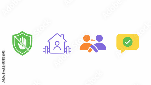 Four distinct icons represent social distancing.