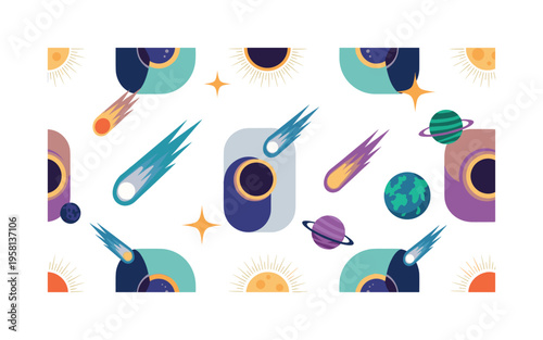 cosmic observation theme with meteors, stars, eclipses and planets forming decorative rhythm, seamless pattern, repeating pattern, surface design, textile