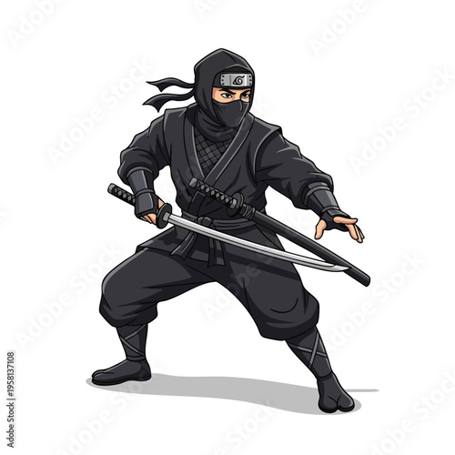Fierce warrior in black ninja garb poised with two swords, ready for action