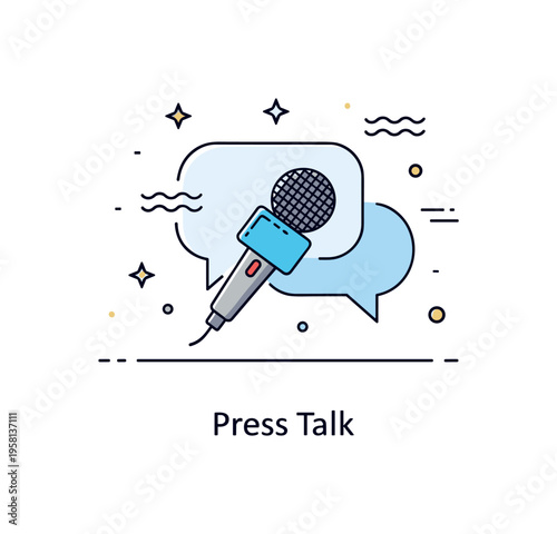 Press conference concept badge showing a single handheld microphone positioned in front of subtle speech bubble icon. Clean wave accents and a short ?Press