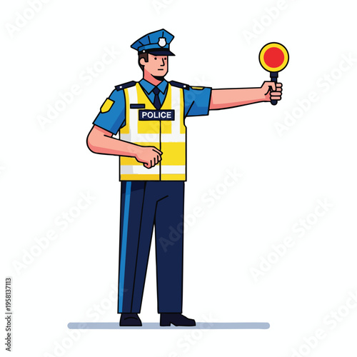 Cartoon police officer in uniform and reflective vest directing traffic with stop sign