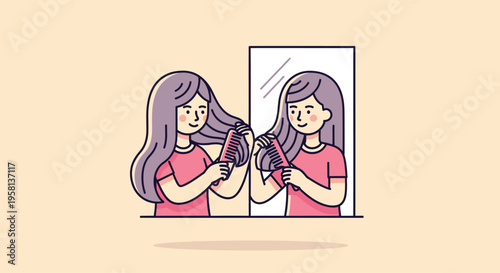 Woman grooming her long hair in front of mirror.