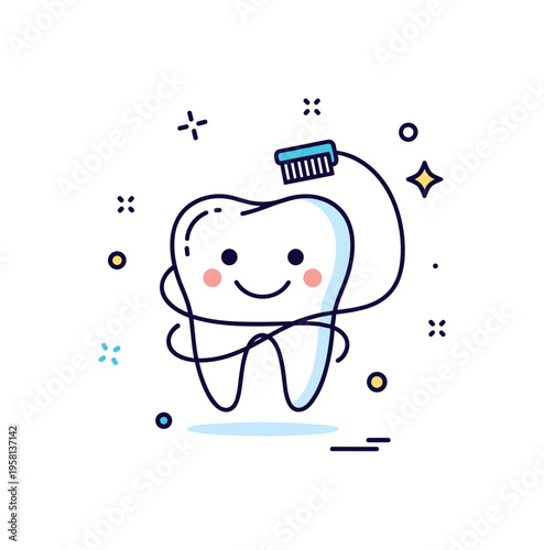 Flossing routine concept featuring a smiling tooth gently wrapped with a curved floss thread and a small sparkle accent, expressing daily care and fresh