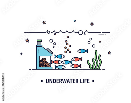 Aquarium feeding time scene featuring small fish gathering near floating food flakes. Clean water line, subtle bubble accents and a ?Underwater Life? text