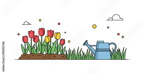 Garden in spring blooming flower bed with fresh tulips and a small watering can resting beside soft green grass. A bright and uplifting scene expressing