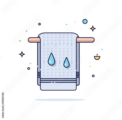 Damp towel cloth texture soft hanging towel with subtle fabric pattern and water droplets suggesting moisture after use. The scene highlights textile softness