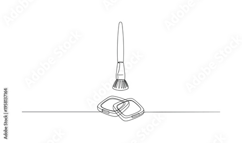 Makeup Brush and Powder. Minimalistic one-line drawing brush poised above highlight and contour powders ready for application, continuous single black line on