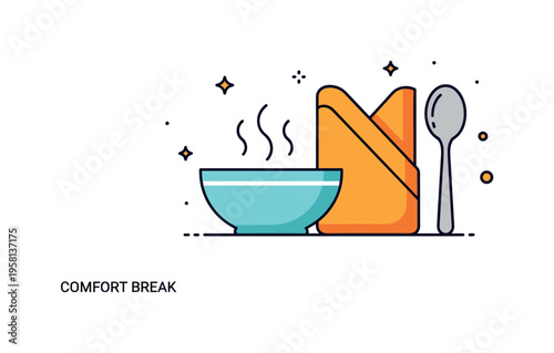 Comfort soup break quiet moment with a steaming bowl sitting next to a folded napkin and spoon. Gentle rising steam and tiny sparkle icons convey calm, warmth,