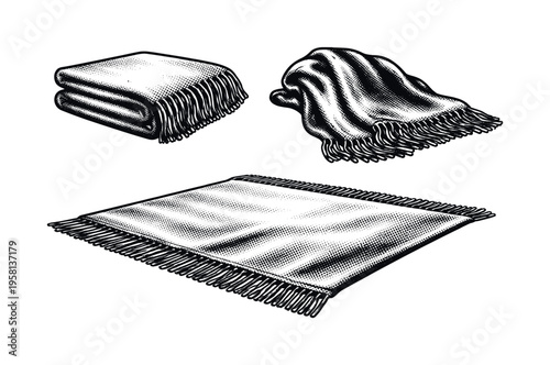 Throw blanket, a realistic throw blanket shown neatly folded, loosely draped, and fully spread flat as three object representations with accurate fabric