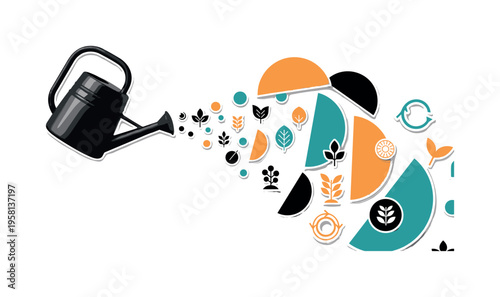 Black and white watering can pouring water that transforms into small geometric plant icons and circular symbols, bold semicircles representing seasonal