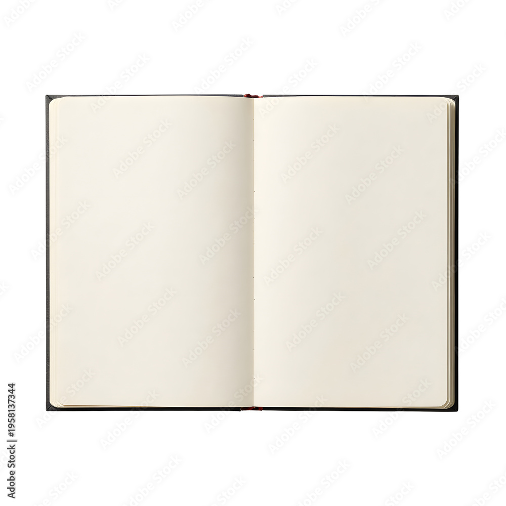 Naklejka premium Open notebook displaying blank pages for writing or sketching on a white background