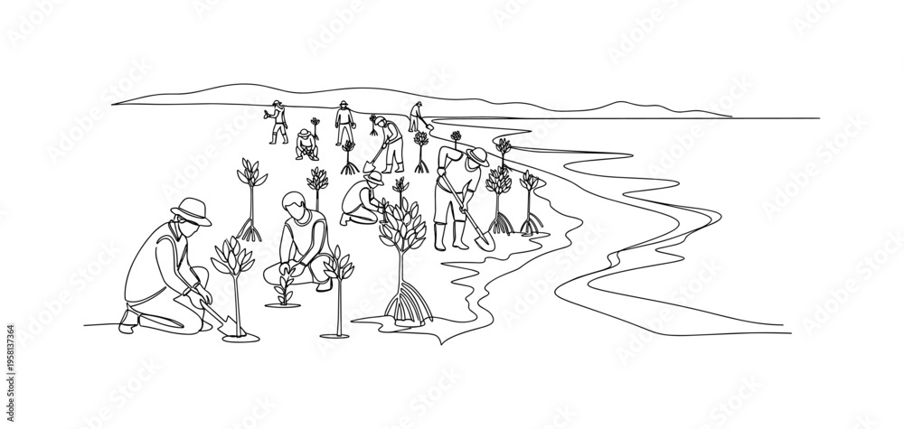 Obraz premium Coastal Reforestation. Minimalistic one-line drawing workers or volunteers planting mangroves along shoreline, continuous single black line on white