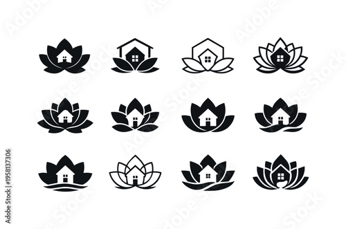 zen home sanctuary. Icon set. Set Logo of zen home sanctuary: lotus flower. harmonious logo variations of the same emblematic concept, each with different