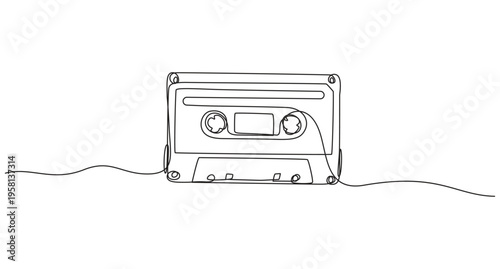 Continuous Line Drawing of a Retro Cassette Tape,One continuous line drawing of audio cassette tape. Minimalist concept of retro and nostalgic music and mixtape for web banner in simple linear style,