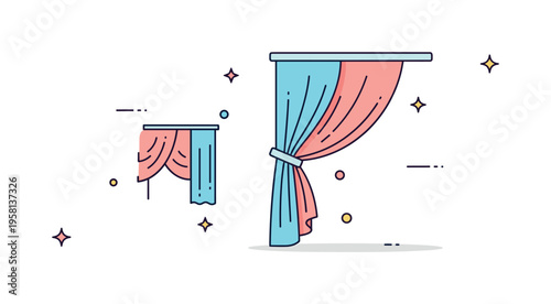 Curtain drapery detail focused on flowing folds gathered neatly with a small tieback creating an elegant decorative shape. Stylish interior element symbolizing