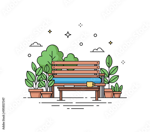 Garden seating corner illustrated by a wooden bench surrounded by leafy plants and a small coffee table, expressing tranquility and connection with nature. The