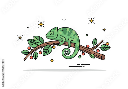 Chameleon on tropical branch small chameleon resting on a curved branch wrapped in jungle leaves and tiny berries. Decorative spark icons emphasize camouflage