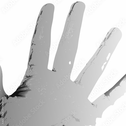 A grayscale image depicting a handprint with textured rough edges