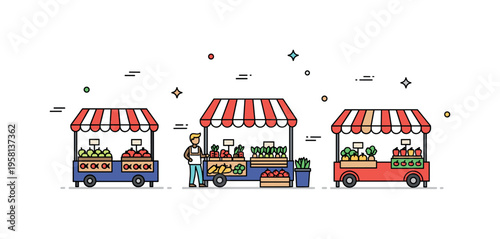 Open-air farmer's market with vibrant produce stalls, small decorative stars, and subtle motion lines suggesting cheerful interactions and community