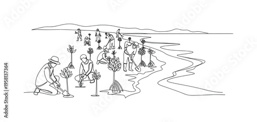 Coastal Reforestation. Minimalistic one-line drawing workers or volunteers planting mangroves along shoreline, continuous single black line on white