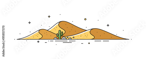 Golden sand dunes rolling desert hills forming soft wave shapes while a small cactus and scattered stones sit quietly between the ridges. The scene conveys