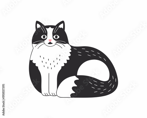 A charming black and white illustration of a seated feline