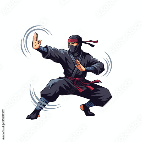 A masked martial artist in dark attire in a dynamic fighting stance