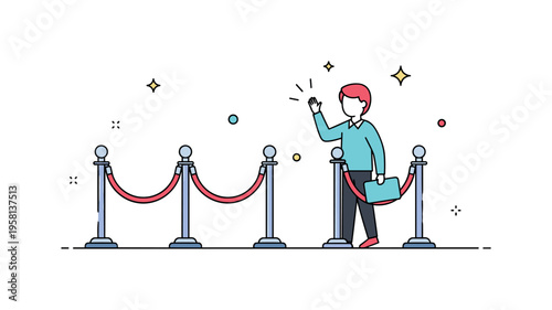 Celebrity arrival at premiere illustrated by a figure waving beside minimal stanchions and velvet ropes, expressing elegance and media spotlight energy. The